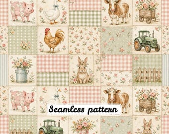 Vintage boerderij patchwork naadloos patroon cottagecore dieren bloemen quilt digitaal papier stof JPG