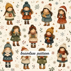 Speels en gezellig winterpatroon voor meisjes | Schattig Scandinavisch meisjesstofje | Digitaal kerstbehang voor de kinderkamer