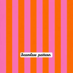 Pode incluir: Um padrão de listras verticais repetitivas com faixas alternadas de rosa brilhante e laranja vibrante. Uma etiqueta retangular branca com uma borda preta fina está centralizada na parte inferior, contendo o texto preto Seamless pattern.