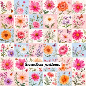 Pastel Floral Patchwork Seamless Pattern | Watercolor Spring Flower Quilt Fabric | Cottagecore Botanical Digital Paper JPG