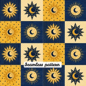 Naadloos patchworkpatroon met hemelse zon en maan | Quiltblokken in marineblauw en goudgeel | Boho kosmische stof | Printbaar digitaal papier