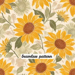 May include: A seamless pattern featuring vibrant yellow sunflowers with dark brown centers and muted green leaves on a cream background. The design includes the text Seamless pattern in a white rectangular box centered in the lower portion.