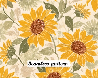 Fall Sunflower Seamless Pattern PNG, Watercolor Autumn Floral Print, Rustic Fabric Design