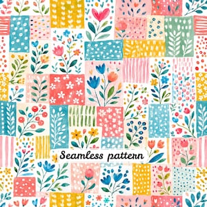 Pode incluir: Um padrão sem costuras apresentando uma grade de blocos retangulares preenchidos com ilustrações em aquarela de várias flores, folhas e pontos, listras e traços abstratos em tons vibrantes de rosa, azul, amarelo e verde.