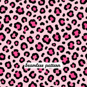 May include: A seamless pattern featuring a repeating leopard print design with black outlines and bright pink spots on a light pink background. A white rectangular label with the black text Seamless pattern is centred on the image.