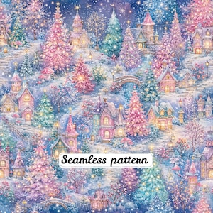 Naadloos patroon van een pastelkleurig kerstdorp, roze winterwonderlandstof, speelse vakantie-aquarel, katoenen quiltprint in cottagecore-stijl (JPG)
