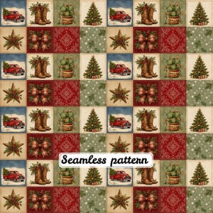 May include: A seamless pattern featuring a grid of repeating Christmas-themed squares. Designs include red pickup trucks with trees, brown cowboy boots, potted cacti with lights, decorated stars, plaid bows, and Christmas trees on green backgrounds.