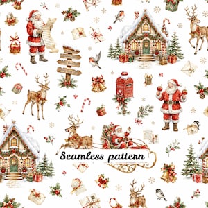 Sömlöst mönster med vintage-Nordpolens julmotiv | Akvarell jultomte, ren, släde och mysig julstuga, upprepning JPG
