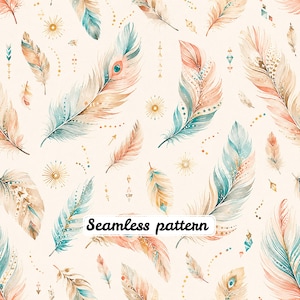 Boho Watercolor Feather Seamless Pattern JPG, Pastel Tribal Bohemian Digital Paper, Southwestern Feather Fabric Print, Instant Download