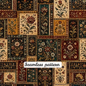 Pode incluir: Um padrão sem costuras com uma grelha de painéis retangulares preenchidos com ilustrações florais complexas em tons de vermelho profundo, verde escuro, dourado e creme. O texto "Seamless pattern" está impresso a preto numa etiqueta branca.