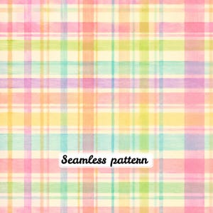 Pode incluir: Um padrão sem costuras com um design de xadrez em aguarela com riscas horizontais e verticais que se cruzam em tons pastel de rosa, amarelo, verde, laranja e azul sobre um fundo creme. O texto Seamless pattern está centrado.