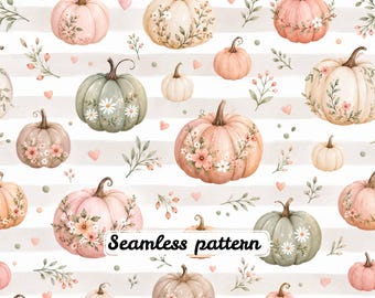 Patrón sin costuras de calabazas florales en tonos pastel | Papel digital de tela otoñal con estilo cottagecore en acuarela | JPG con repetición suave de cosecha otoñal