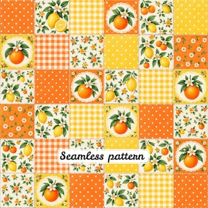 May include: A patchwork fabric design featuring a repeating grid of squares with orange and yellow color schemes. Patterns include white polka dots on orange, orange gingham, and illustrations of oranges and lemons with green leaves.