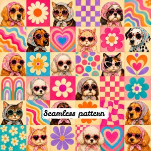 Retro Groovy Pet Patchwork Seamless Pattern Hippie Dogs Cats Flowers Checkerboard Digital Paper JPG