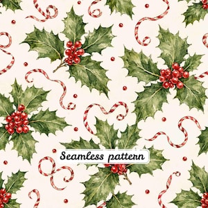 May include: A seamless pattern featuring watercolour illustrations of green holly leaves and clusters of bright red berries on a cream background, interspersed with thin, swirling red and white candy cane striped ribbons. The text Seamless pattern is visible.