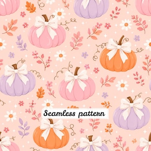 Pastel Pumpkin Bow Seamless Pattern | Cute Coquette Fall Fabric Digital Paper | Pink Autumn Pumpkin Repeat JPG