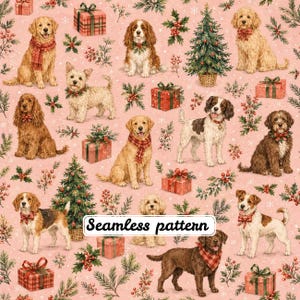 Motivo senza soluzione di continuità con cani natalizi JPG, cuccioli natalizi vintage su sfondo rosa, alberi di Natale, regali e agrifoglio, carta digitale
