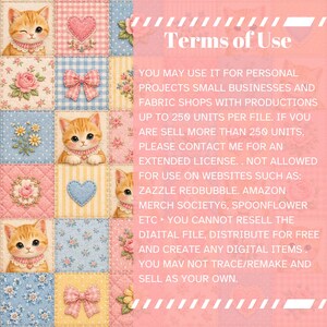 Op de afbeelding: Een digitale afbeelding met een quiltpatroon van herhalende vierkanten met oranje kittens, roze harten, blauwe strikken en bloemmotieven. De rechterkant toont witte tekst getiteld Terms of Use, met licentieregels voor diverse projecten.