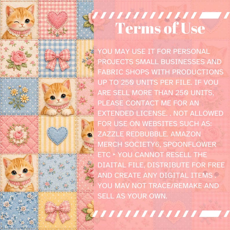 Op de afbeelding: Een digitale afbeelding met een quiltpatroon van herhalende vierkanten met oranje kittens, roze harten, blauwe strikken en bloemmotieven. De rechterkant toont witte tekst getiteld Terms of Use, met licentieregels voor diverse projecten.