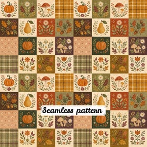 Könnte beinhalten: Ein nahtloses Muster aus einem Raster von Quadraten mit herbstlichen Illustrationen, darunter orangefarbene Kürbisse, gelbe Birnen, braune Pilze, Eicheln, Eichenblätter und verschiedene Blumen in Grün-, Braun- und Cremetönen, mit dem Text Seamless pattern.