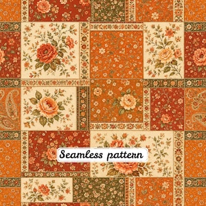 Op de afbeelding: Een naadloos patroon met een patchworkontwerp van rechthoekige blokken in tinten oranje, rood en crème. De blokken tonen diverse bloemmotieven, waaronder grote rozen en kleine bloesems, naast paisley-elementen en de tekst Seamless pattern.