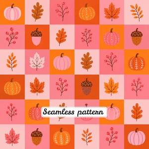 Pink Pumpkin Autumn Checkerboard Seamless Pattern PNG | Cute Fall Pumpkins & Leaves | Coquette Harvest Fabric |  Quilt Print JPG