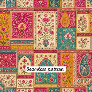 May include: A seamless pattern featuring a grid of rectangular panels with intricate floral and paisley motifs in vibrant shades of magenta, teal, and gold. The design includes various botanical illustrations, vases, and ornate borders with the text Seamless pattern.