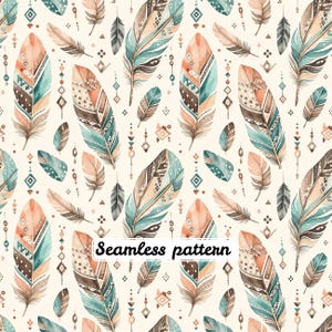 Boho Watercolor Feather Seamless Pattern | Tribal Southwestern Feathers Aztec Geometric | Seamless JPG