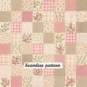 Pode incluir: Um design de tecido patchwork com uma grade de quadrados com padrões alternados, incluindo xadrez vichy rosa, bege sólido, pequenas estampas florais, ramos de folhas verdes e bolinhas. O texto Seamless pattern está centralizado na imagem.