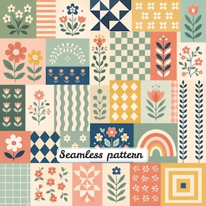 May include: A seamless pattern featuring a grid of rectangular tiles with various floral motifs, geometric shapes, checkered designs, and a rainbow. The color palette includes muted tones of sage green, coral, mustard yellow, and navy blue. The text "Seamless pattern" is centered.