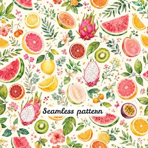 May include: A seamless pattern featuring watercolour illustrations of various fruits including watermelon slices, dragon fruit, citrus, kiwi, and guava, interspersed with green leaves and small flowers on a light cream background.