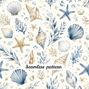 Pode incluir: Um padrão contínuo com ilustrações em aguarela de conchas, estrelas-do-mar, ramos de coral e pequenas pérolas em tons de azul e bege sobre um fundo creme. O texto Seamless pattern está impresso a preto no centro da imagem.