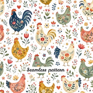 Scandinavian Folk Chicken Seamless Pattern JPG, Floral Farmhouse Rooster Print, Cottagecore Hen Fabric Design