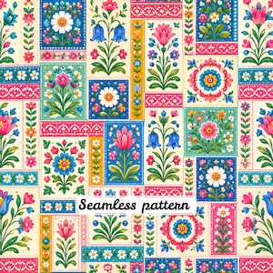 Könnte beinhalten: Ein nahtloses Muster mit einem Raster aus rechteckigen Feldern, die mit farbenfrohen Blumenillustrationen gefüllt sind. Das Design zeigt verschiedene Blumen in Rosa-, Blau-, Gelb- und Weißtönen auf cremefarbenen, blauen und rosafarbenen Hintergründen.