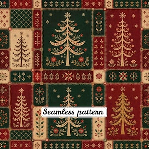 Op de afbeelding: Een stofprint met een herhalend patchworkontwerp in dieprood, bosgroen en crème. Het patroon toont gestileerde kerstbomen, bloemmotieven en sneeuwvlokken. De tekst "Seamless pattern" staat gecentreerd in een wit kader.