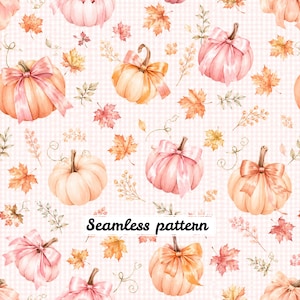 Puede incluir: Un patrón continuo con ilustraciones en acuarela de calabazas de color rosa claro y melocotón adornadas con lazos a juego, intercaladas con hojas de arce otoñales naranjas y amarillas y ramitas delicadas sobre un fondo de cuadros rosa claro.