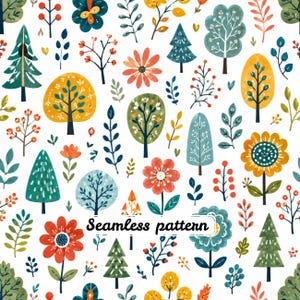 May include: A seamless pattern featuring a variety of colorful trees, flowers, and leafy branches on a white background. The design includes red, yellow, green, and blue botanical elements with the text Seamless pattern centered in black.
