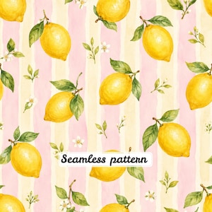 Pode incluir: Um padrão contínuo com ilustrações em aguarela de limões amarelo-brilhantes com folhas verdes e pequenas flores brancas sobre um fundo de riscas verticais cor-de-rosa claro e amarelo pálido com o texto Seamless pattern.