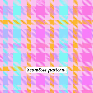 Pode incluir: Um padrão xadrez sem costuras com uma grelha de linhas horizontais e verticais que se cruzam em rosa brilhante, azul claro e laranja. O design inclui marcas diagonais dentro dos quadrados coloridos e o texto Seamless pattern.