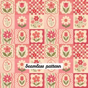 Pode incluir: Um padrão sem costuras apresentando uma grade de quadrados com várias ilustrações florais, incluindo tulipas e margaridas em tons de rosa, vermelho e creme. O design incorpora fundos xadrez e linhas onduladas com o texto Seamless pattern.