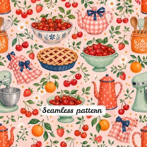 Cherry Kitchen Seamless Pattern JPG, Watercolor Cherries Pie and Teapot Fabric Print, Cottagecore Kitchen Decor