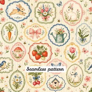 Pode incluir: Um padrão contínuo com várias molduras decorativas sobre um fundo às riscas creme. As molduras contêm ilustrações de coelhos, morangos, cenouras, cogumelos, flores, um regador, uma casa de pássaros e laços, com o texto Seamless pattern.