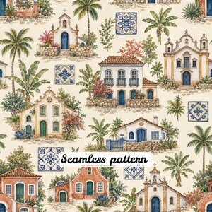 Patrón sin costuras de acuarela de un pueblo colonial portugués | Casas tropicales | Mosaico de tela repetitivo | JPG