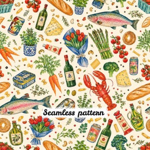 May include: A seamless pattern featuring watercolor illustrations of food and drink items including red lobsters, whole fish, asparagus, carrots, tomatoes, baguettes, cheese wedges, wine bottles, olive oil, canned goods, and bouquets of red tulips.