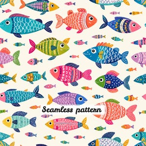 Colorful Folk Art Fish Seamless Pattern | Tropical Ocean Sea Life Fabric Digital Paper | Cute Coastal Nautical Repeat JPG