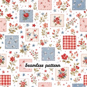 Pode incluir: Um padrão sem costuras sobre fundo branco com ramos de flores dispersos, pequenas estrelas vermelhas e quadrados em azul claro, rosa suave e xadrez vichy vermelho. O texto "Seamless pattern" está impresso a preto na parte inferior.