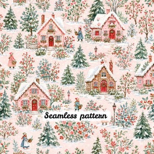 Pode incluir: Um padrão contínuo com uma cena de inverno de casas cor-de-rosa, telhados cobertos de neve, árvores perenes e arbustos de bagas num fundo rosa claro. O design inclui figuras com roupa de inverno e o texto Seamless pattern.