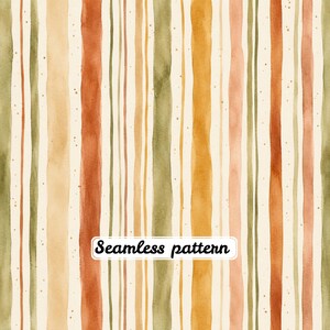 Op de afbeelding: Een naadloos patroon met verticale aquarelstrepen in tinten olijfgroen, gebrand oranje, mosterdgeel en crème. Het ontwerp bevat dunne en dikke lijnen met subtiele verfspatten. De tekst Seamless pattern is zichtbaar op de afbeelding.