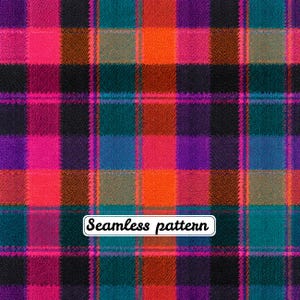 Pode incluir: Um padrão de tecido xadrez vibrante com uma grade repetitiva de linhas que se cruzam em tons brilhantes de rosa choque, laranja, roxo profundo, azul-petróleo e preto. Uma etiqueta branca exibe o texto Seamless pattern.
