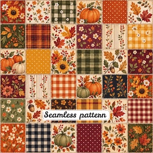 Op de afbeelding: Een patchwork stofontwerp met een raster van vierkanten met herfstthema's, waaronder pompoenen, zonnebloemen, herfstbladeren, eikels, bessen, ruiten, gingham en stippen. De tekst Seamless pattern staat in het midden.